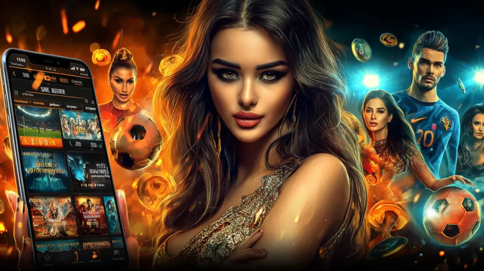 A woman holds a smartphone displaying a comprehensive sports betting application interface, with images of soccer players and other sports visible in the background.