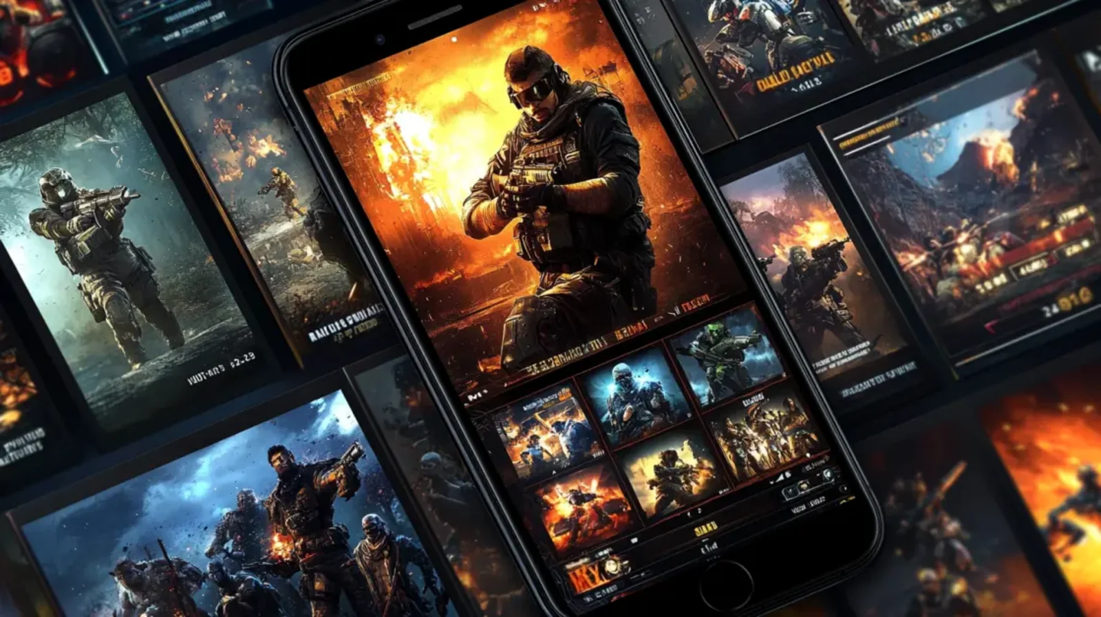 A blonde woman holds a pistol while displaying a smartphone with a casino game interface showing gold dollar sign coins, set against a dynamic, fiery background.