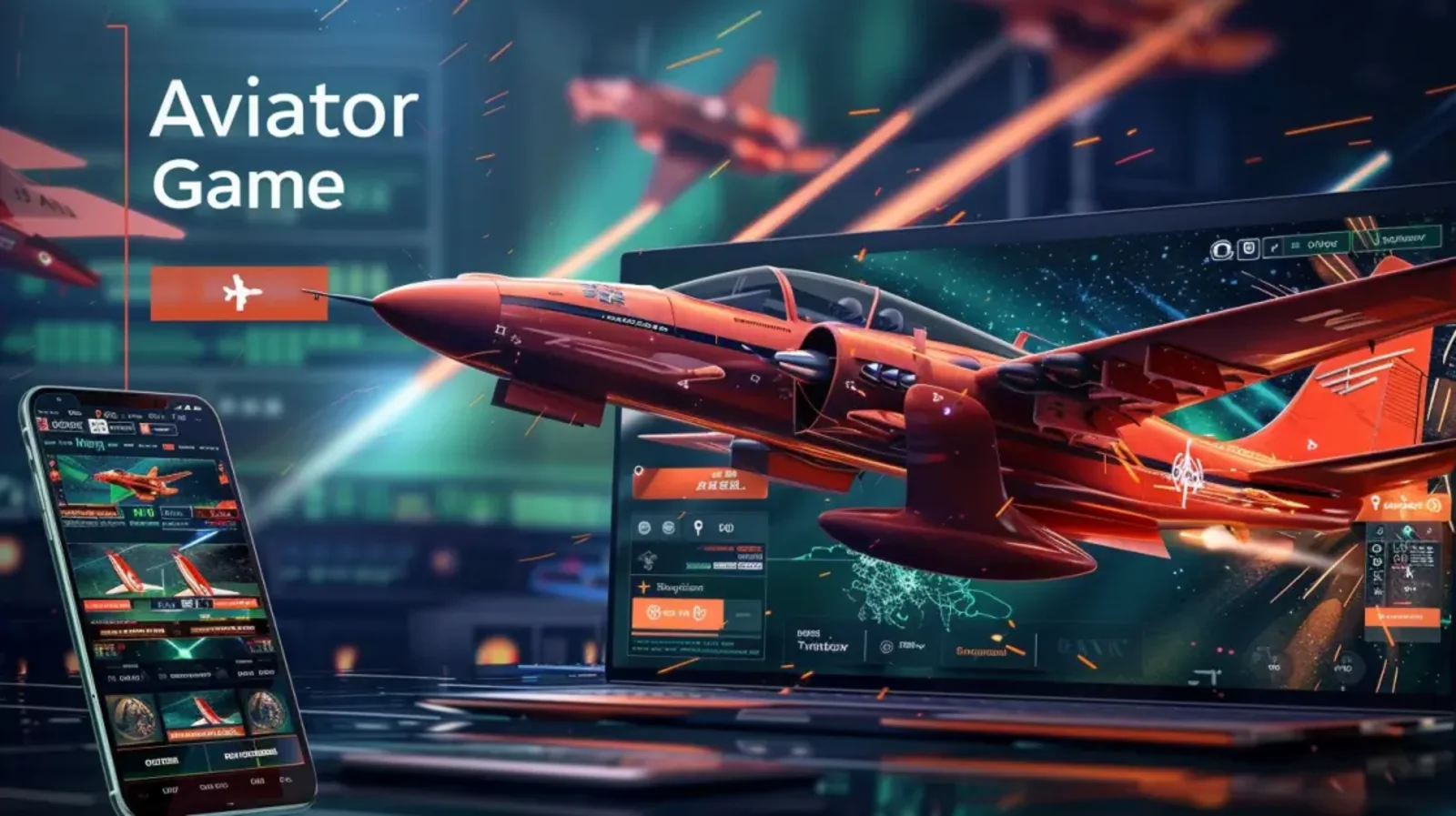 A smartphone and laptop both display the Aviator crash game interface, with a red airplane flying across the screens against a futuristic, high-tech background.
