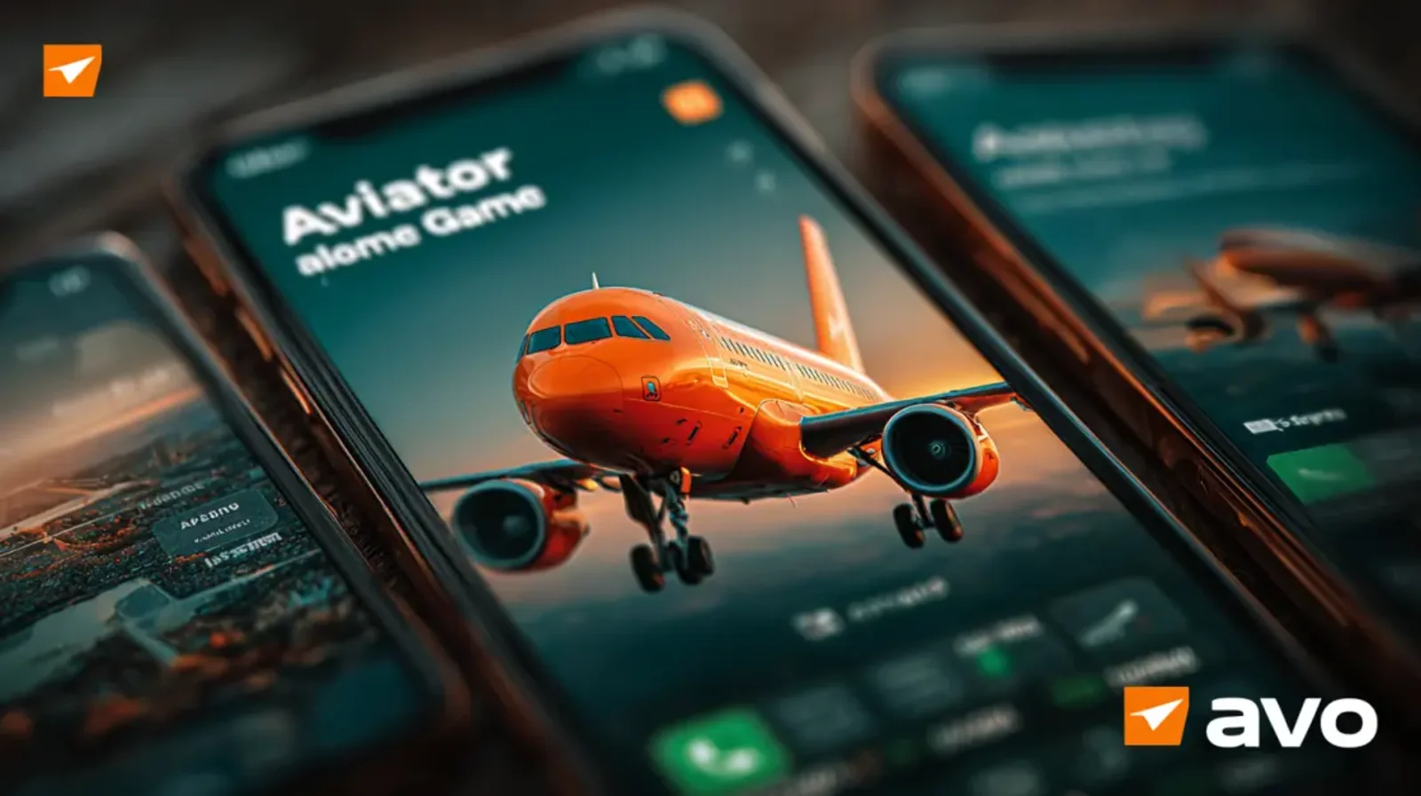 A close-up view of a smartphone screen showing the Aviator game, with a detailed orange airplane ready for takeoff on the runway inside the app.