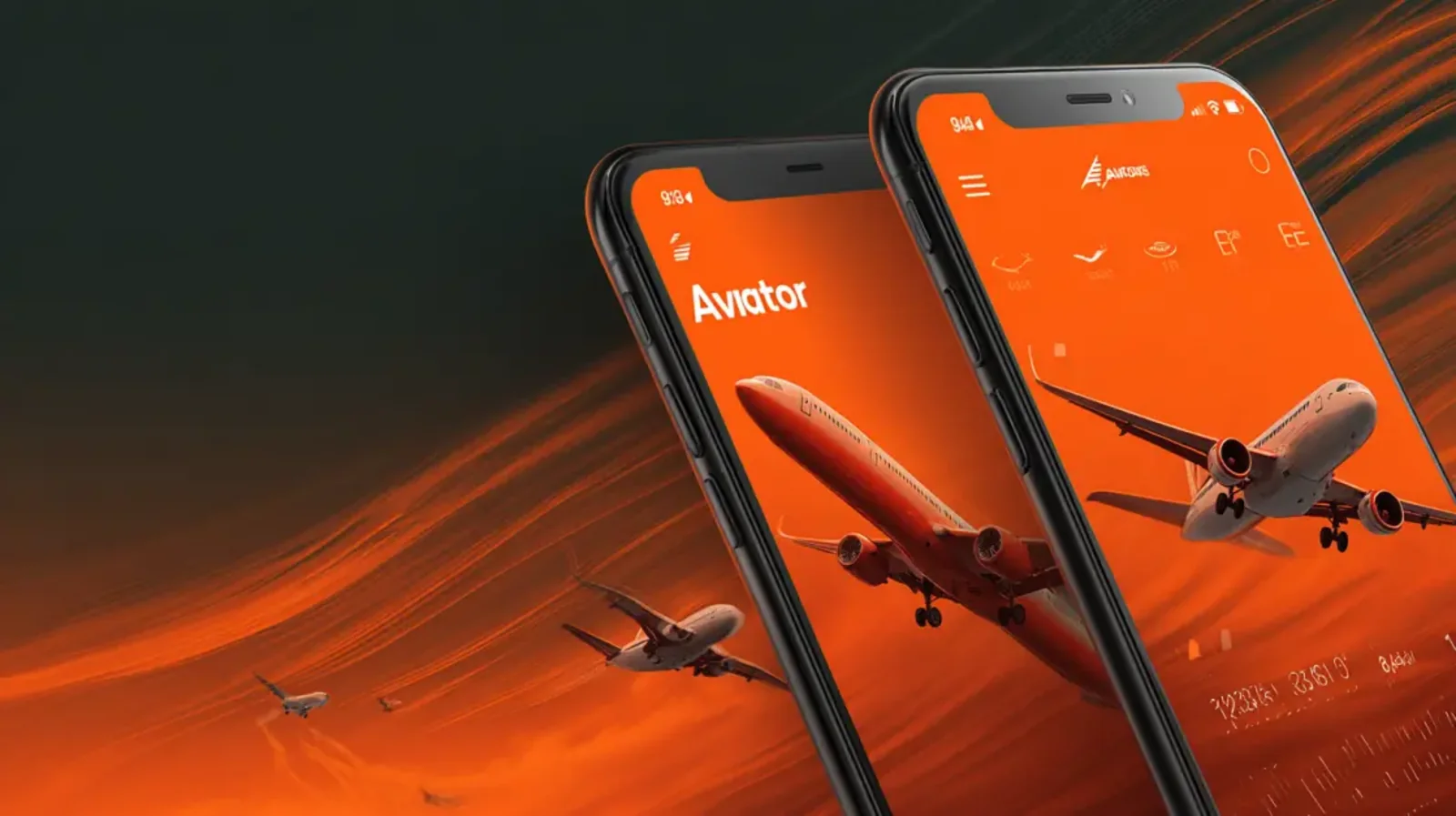 Three smartphones are angled to show the Aviator game app interface, featuring an orange and white passenger airplane against a dynamic orange background.