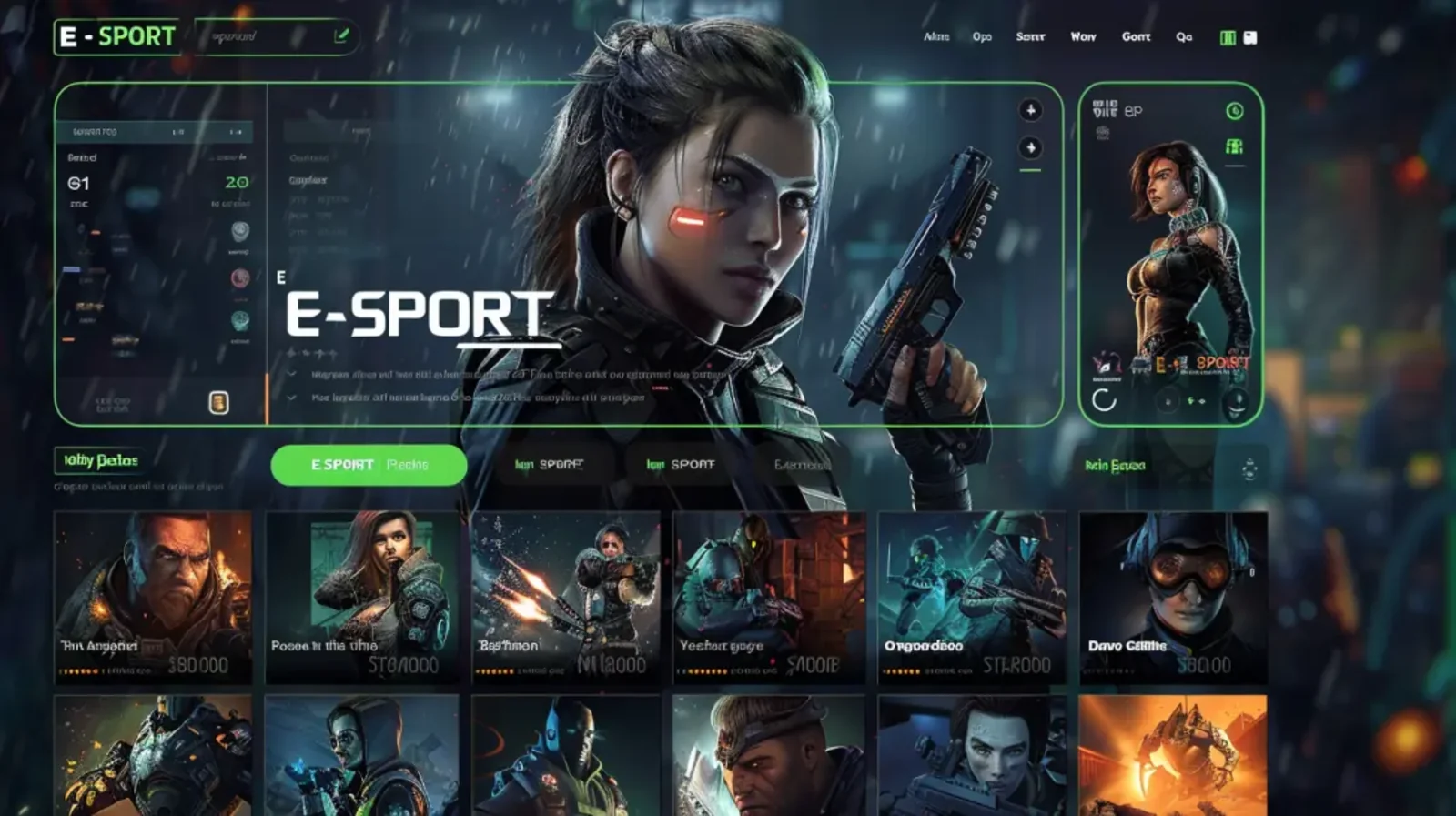 The user interface for an e-sports betting platform, showing a futuristic female character with a gun and a list of available e-sport matches or players to bet on below.