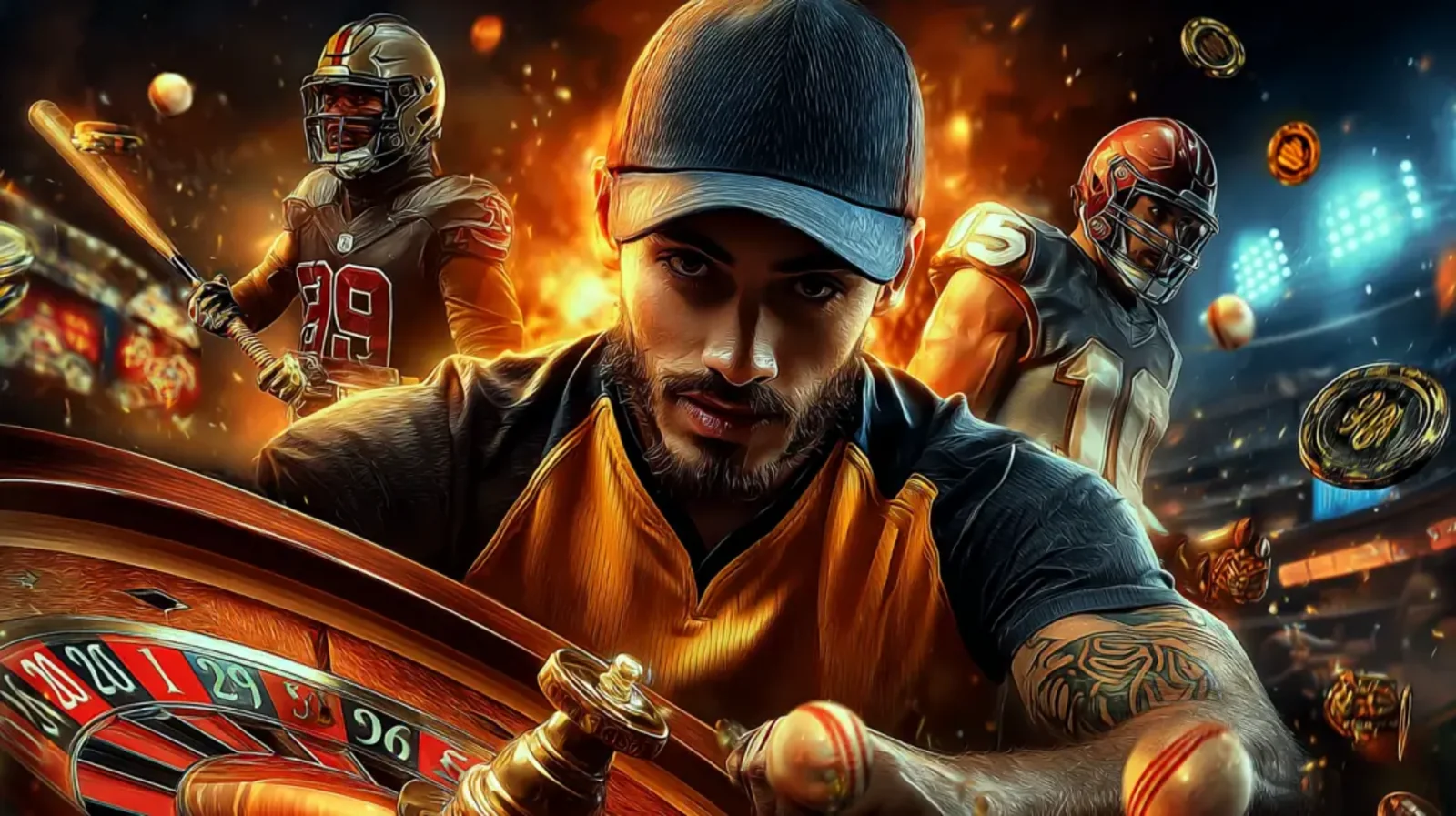 A dynamic collage featuring a man at a casino roulette wheel, an American football player, and a baseball player, symbolizing the exciting world of sports and casino betting.