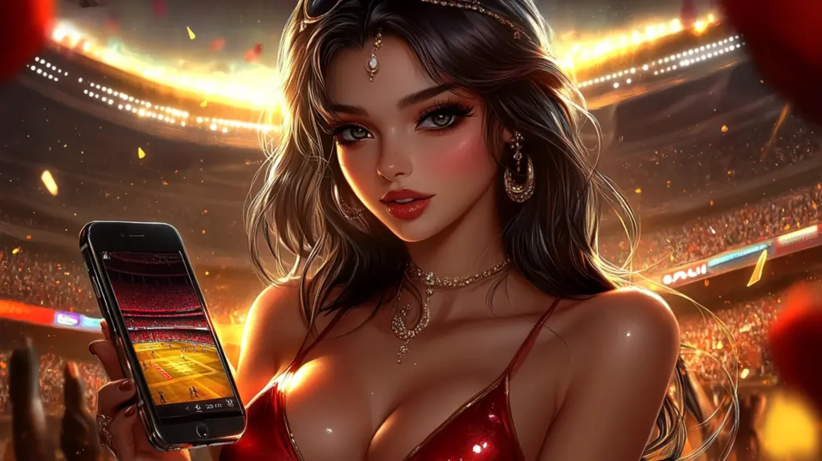 An elegantly dressed woman holds up a smartphone displaying a live sports match, with the bright lights of a packed stadium in the background, illustrating mobile sports betting.