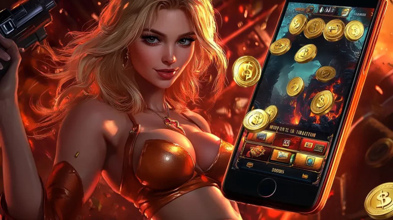 A close-up of a slot machine screen with large, golden text that reads BONUS WIN 50X, surrounded by an explosion of gold coins and colorful casino chips.