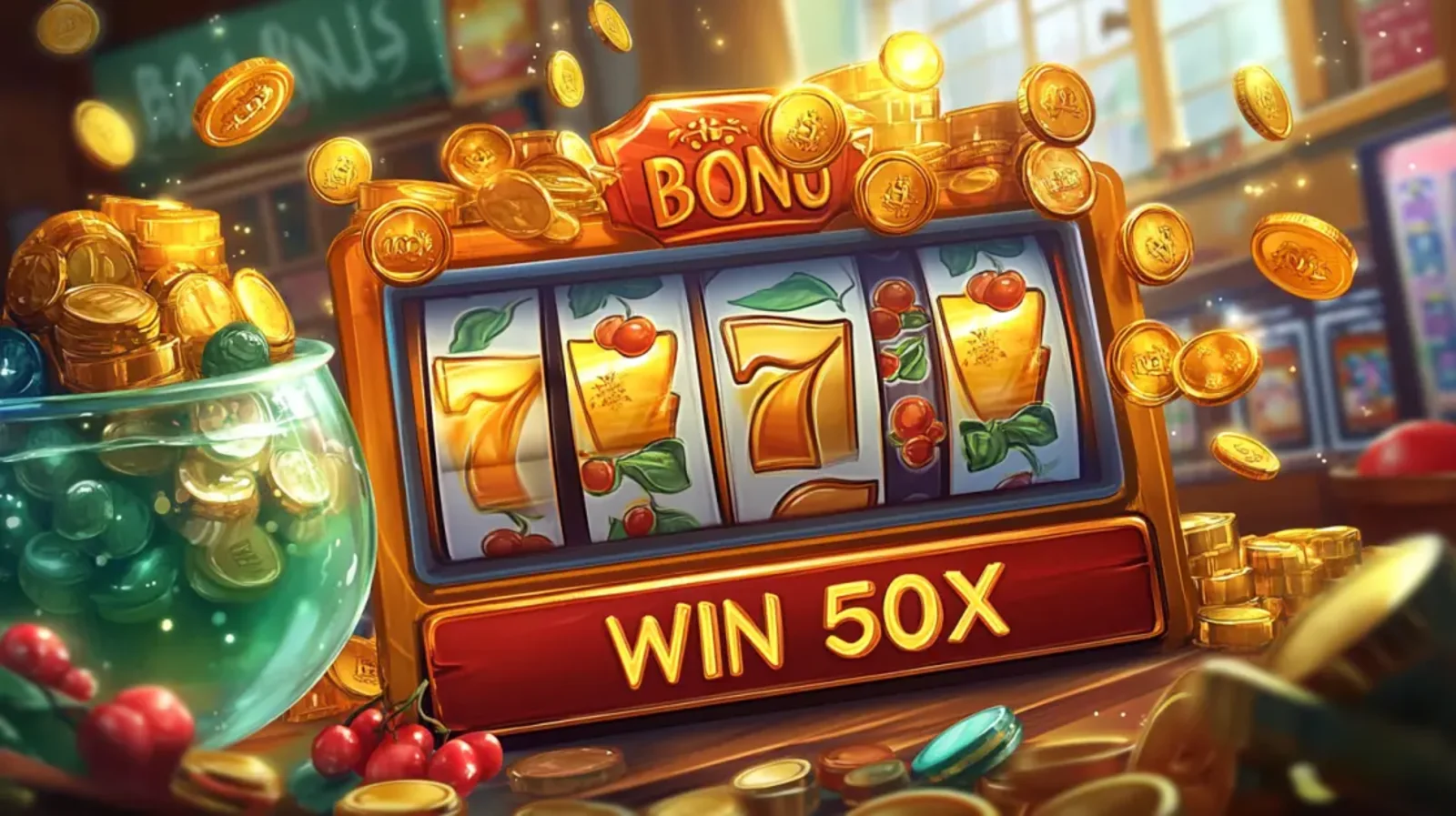 A classic fruit slot machine shows a winning line of three 7s, with text below that reads WIN 50X and a bowl overflowing with coins and cherries nearby.