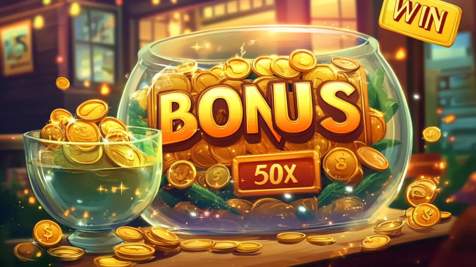 A large glass bowl is filled to the brim with gold coins and green leaves, with the word BONUS in large gold letters and a 50X multiplier sign in front.