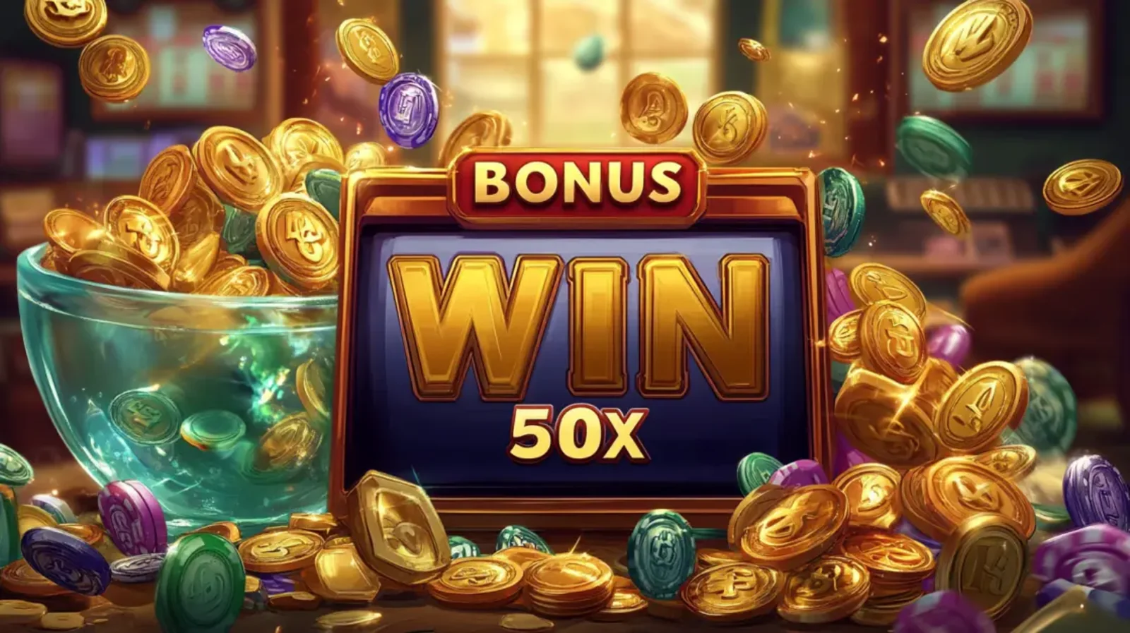 A cool anthropomorphic lion with a fiery red mane and blue eyes, wearing a vest and looking confidently at the camera with floating casino chips in the background.