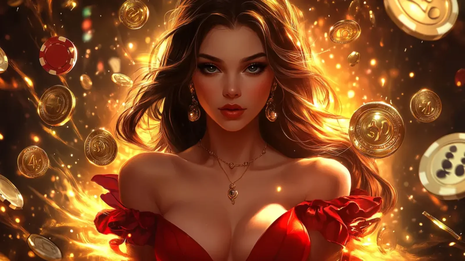 A beautiful woman with long brown hair wearing a red off-the-shoulder dress, looking directly at the camera amidst a swirl of glowing gold coins and casino chips.