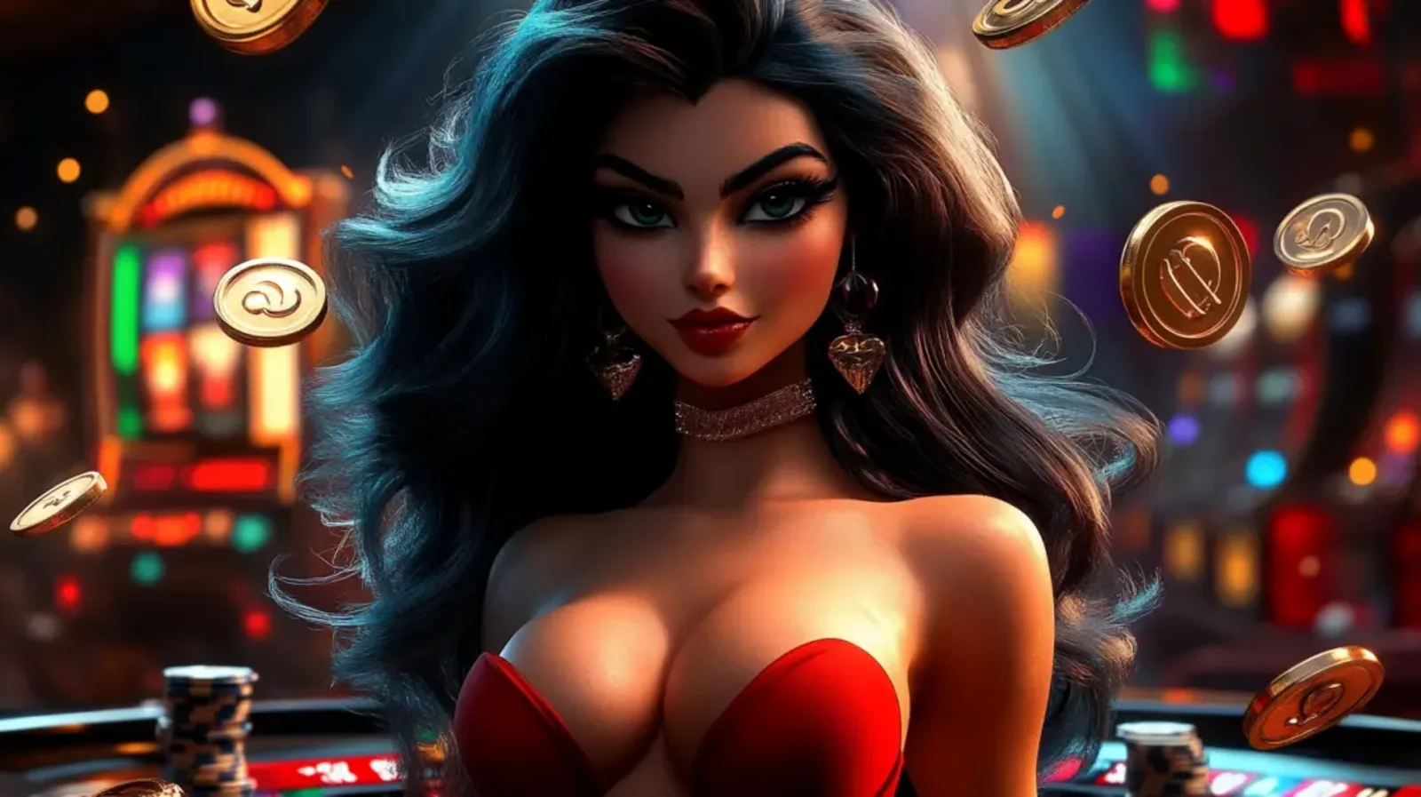 A beautiful animated live dealer with flowing dark hair and a red dress welcomes you to her gaming table in our live casino, with poker chips stacked and ready for play.