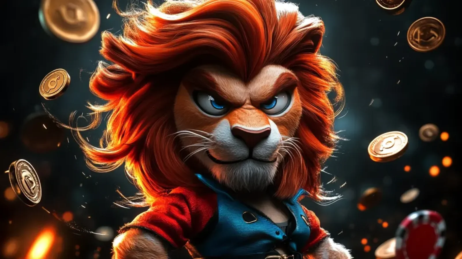 Meet the charismatic lion host of an exclusive live casino game show, featuring a fiery red mane and a confident expression, set against a backdrop of floating coins.
