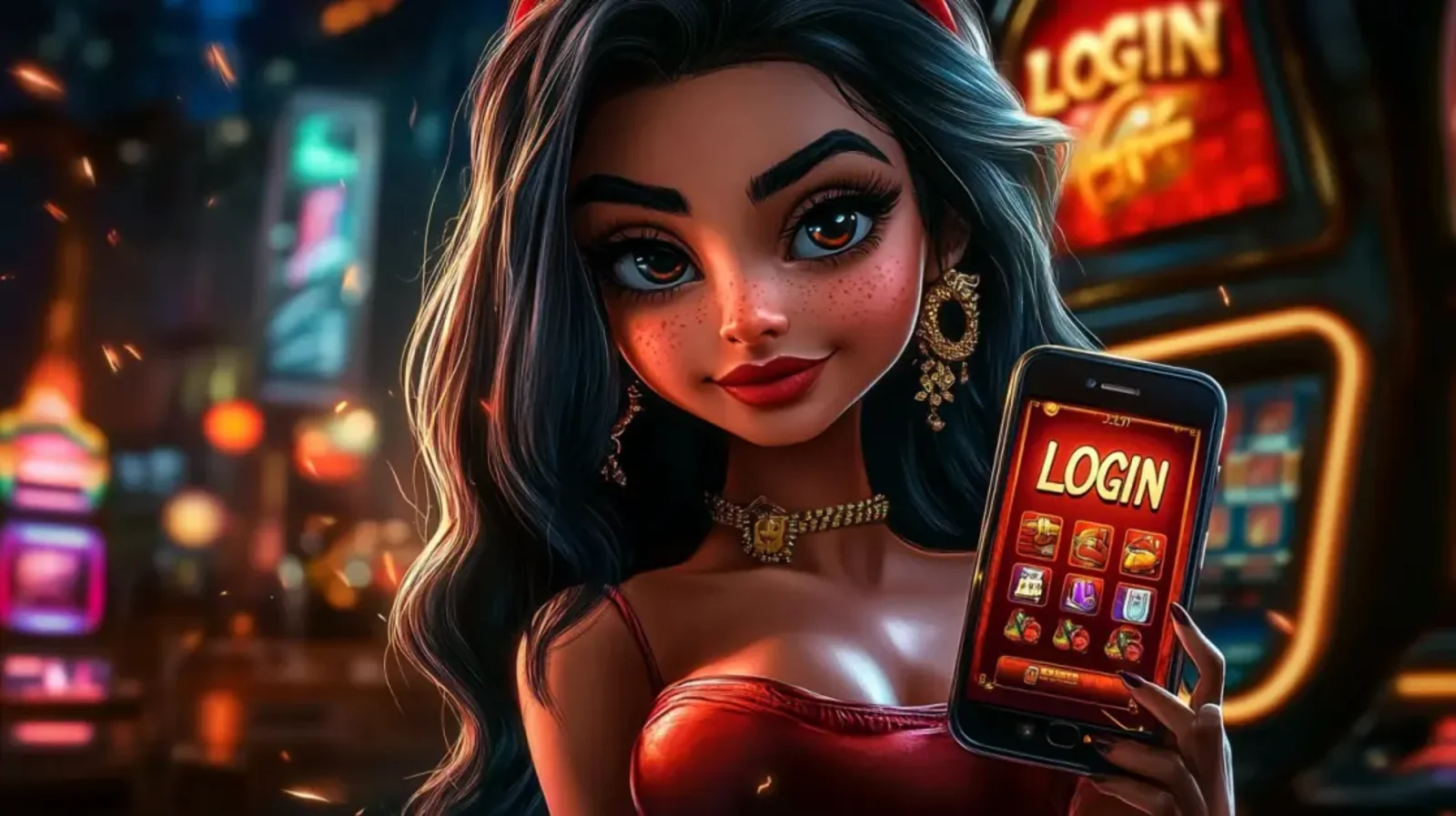 An animated girl with big brown eyes and dark hair holds a smartphone with a login screen for a casino app, with the bright lights of a casino blurred in the background.
