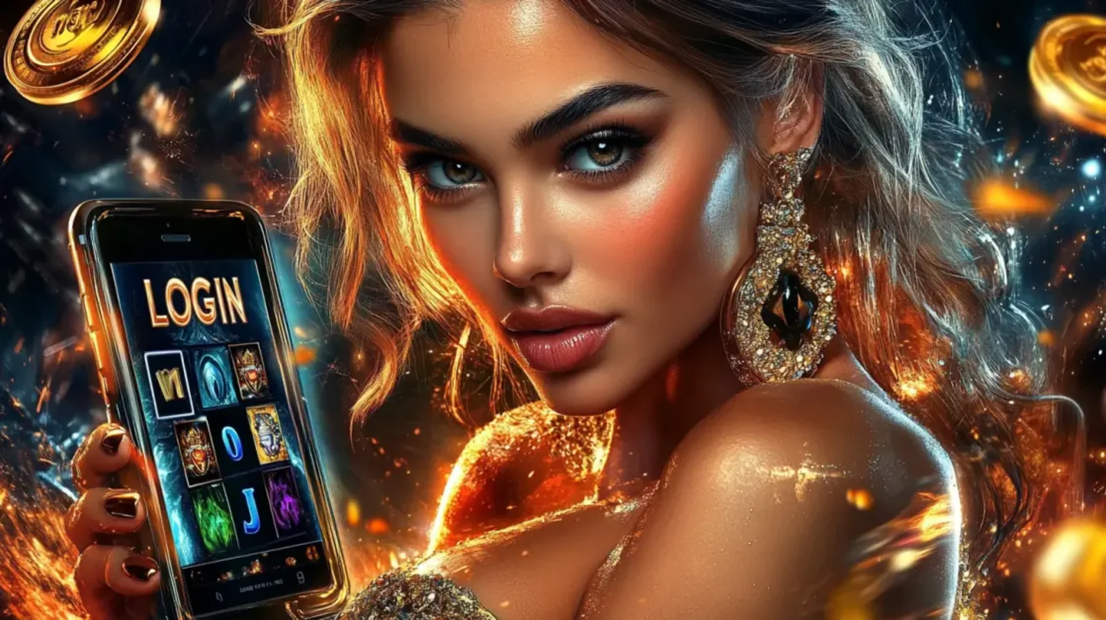 A stunning woman with glowing makeup holds up a smartphone displaying a casino app login screen with various slot game icons, set against a fiery, sparkling background.
