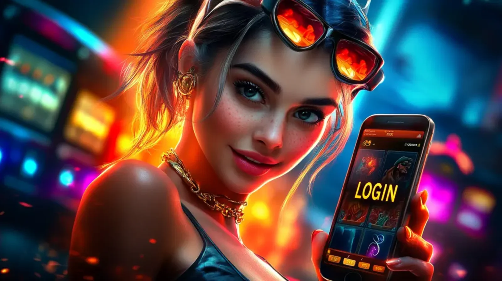 A smiling woman with sunglasses on her head shows a mobile phone with a gaming app login screen, set against a colorful, neon-lit casino background.