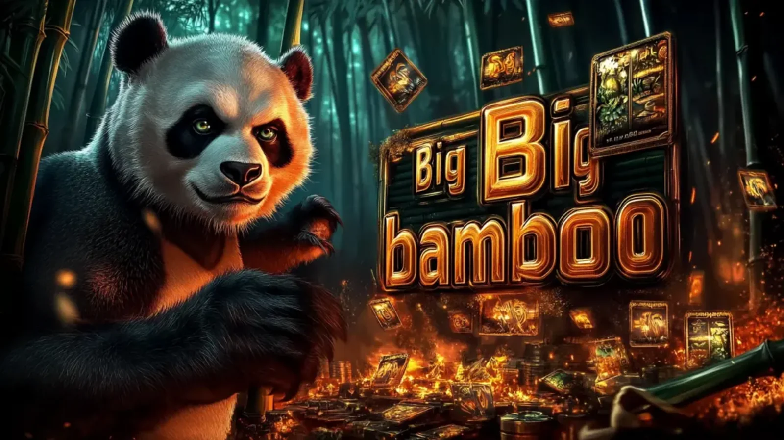 A large, realistic panda looks on next to a slot machine interface with golden letters spelling out Big Big Bamboo, set in a dark bamboo forest.
